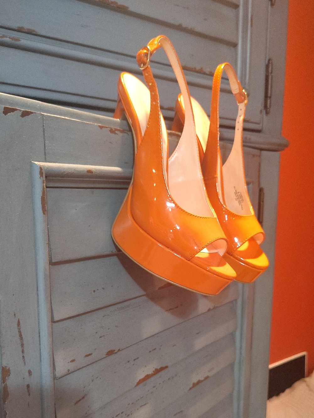Orange Patent Slingback Platform Heels
